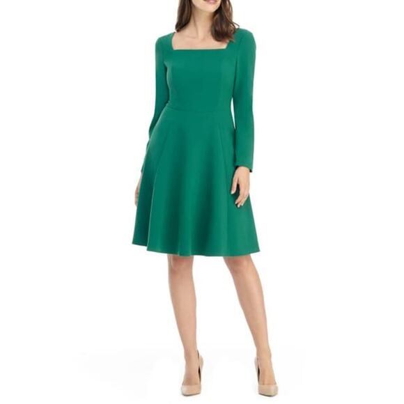Gal Meets Glam Green Holly Square Neck Long Sleeve Fit & Flare Dress • Size 2 - Picture 1 of 3